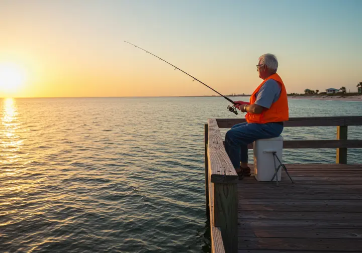 Senior citizen fishing from a dock, showcasing Florida’s age-based fishing license exemption.