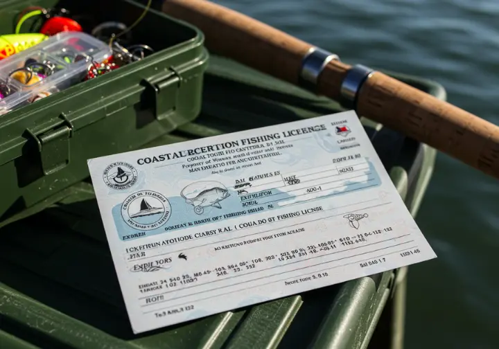 Coastal Recreation Fishing License for the Outer Banks with fishing gear in the background.