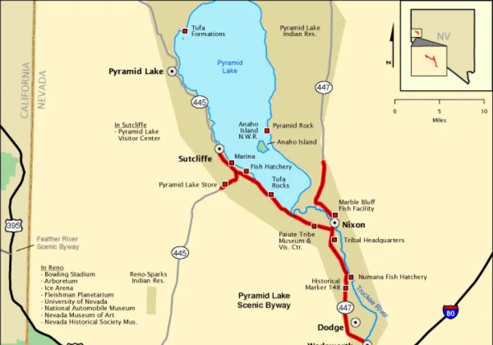 Map of Pyramid Lake with highlighted fishing spots, including Pelican Point and Anderson Bay.