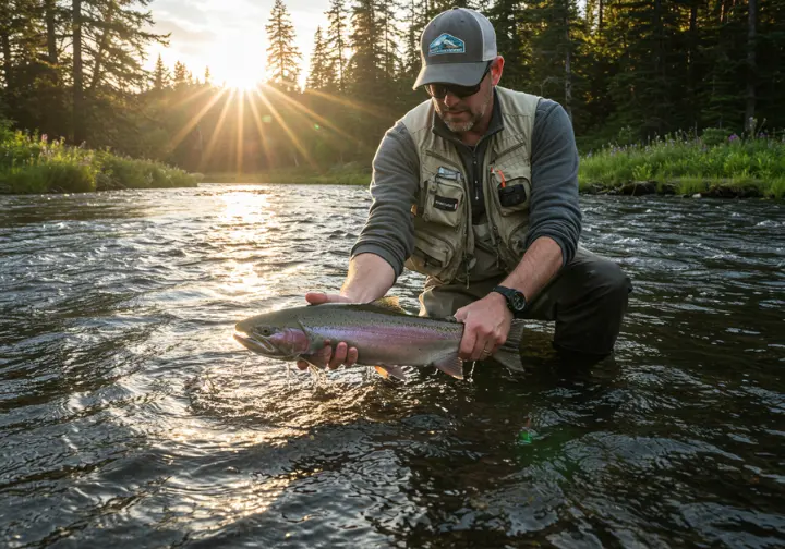 Responsible angling practices for steelhead fishing, including catch and release and respecting habitats.