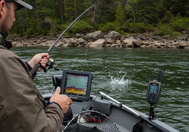 Angler using advanced technology like fish finders and GPS for successful snagging.
