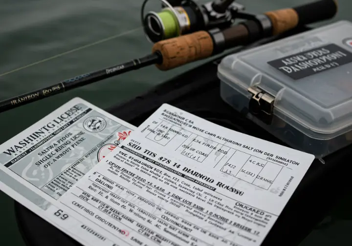 Close-up of a Washington saltwater fishing license and catch record card, with fishing gear in the background.