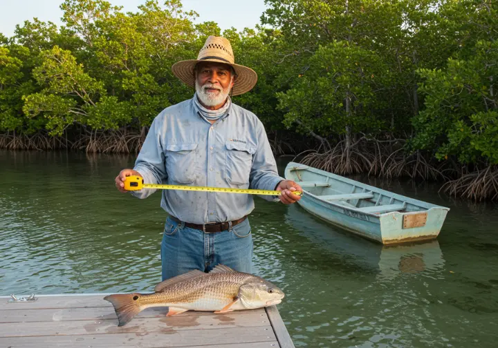 Fisherman holding a Florida fishing license and measuring a redfish in a calm bay.