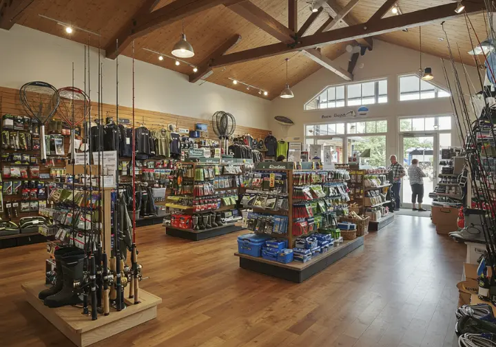 Recommended fishing gear for the Outer Banks, including surf rods, reels, and lures on a sandy beach.