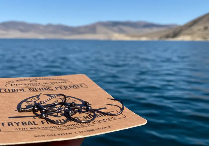 Close-up of a Tribal Fishing Permit and barbless hooks, with Pyramid Lake in the background.