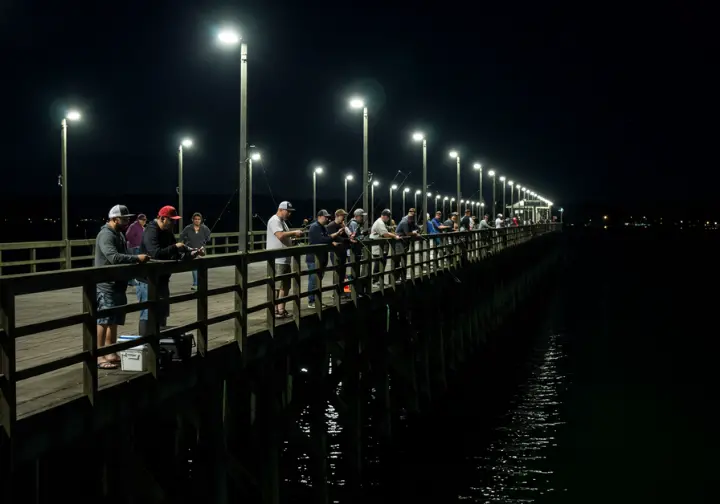 Anglers jigging for squid at the south end of Edmonds Pier under the lights.