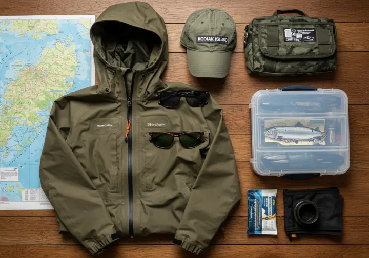 Flat-lay of essential items for a Kodiak fishing trip, including a fishing license, waterproof clothing, and tackle box.