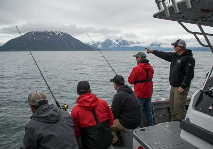 Anglers on a guided fishing charter off the coast of Kodiak Island, with the captain pointing out a prime fishing spot.