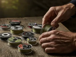 Expert angler selecting the best fishing line for surf fishing from a variety of line types, showcasing informed choice.