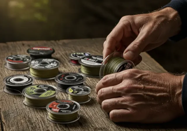 Expert angler selecting the best fishing line for surf fishing from a variety of line types, showcasing informed choice.