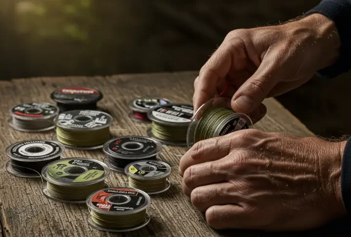 Expert angler selecting the best fishing line for surf fishing from a variety of line types, showcasing informed choice.