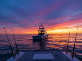 Sport fishing boat at sunset in Costa Rica, ready for deep sea fishing.