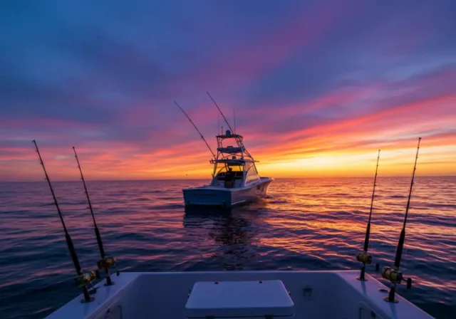 Sport fishing boat at sunset in Costa Rica, ready for deep sea fishing.