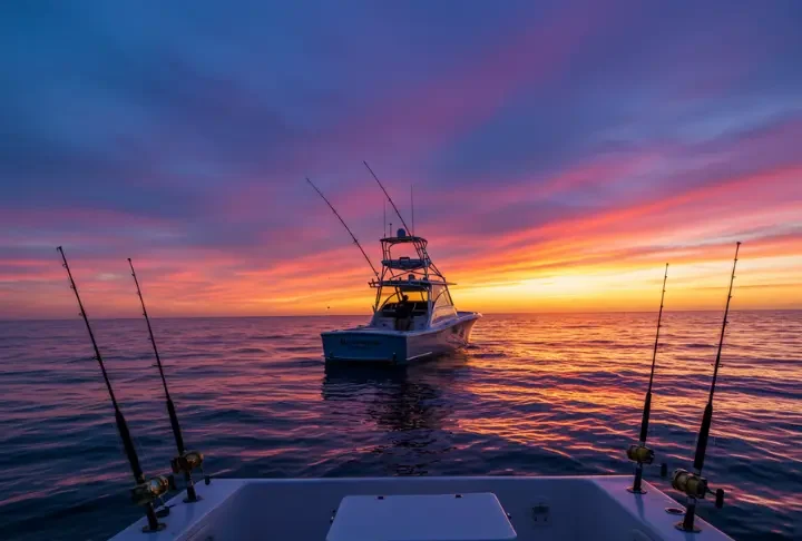 Sport fishing boat at sunset in Costa Rica, ready for deep sea fishing.