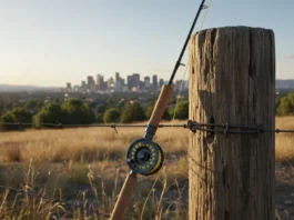 Fly fishing Denver CO secret spots: fishing rod and reel by a weathered fence post with Denver landscape in background.