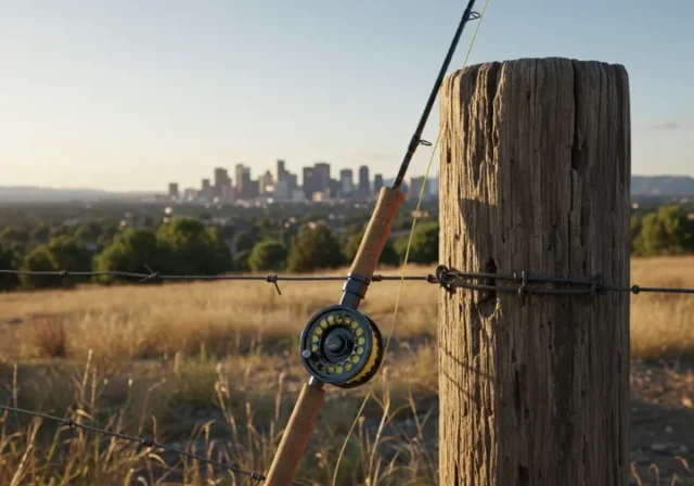 Fly fishing Denver CO secret spots: fishing rod and reel by a weathered fence post with Denver landscape in background.