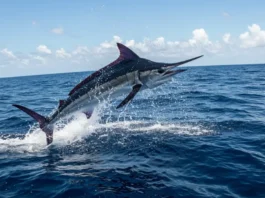 Majestic marlin leaping out of the water, representing epic deep sea fishing catches in US locations.