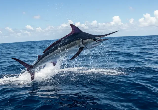 Majestic marlin leaping out of the water, representing epic deep sea fishing catches in US locations.