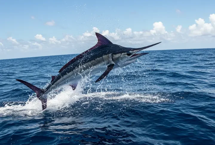 Majestic marlin leaping out of the water, representing epic deep sea fishing catches in US locations.