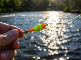 Close-up of a brightly colored strike indicator on a fly fishing line, with a river in the background, highlighting essential fly fishing gear.