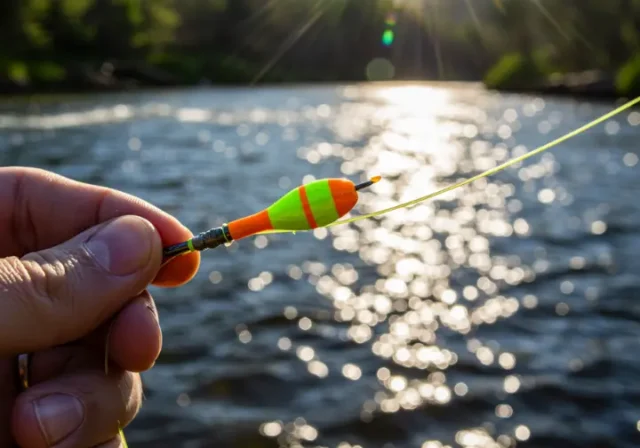 Close-up of a brightly colored strike indicator on a fly fishing line, with a river in the background, highlighting essential fly fishing gear.