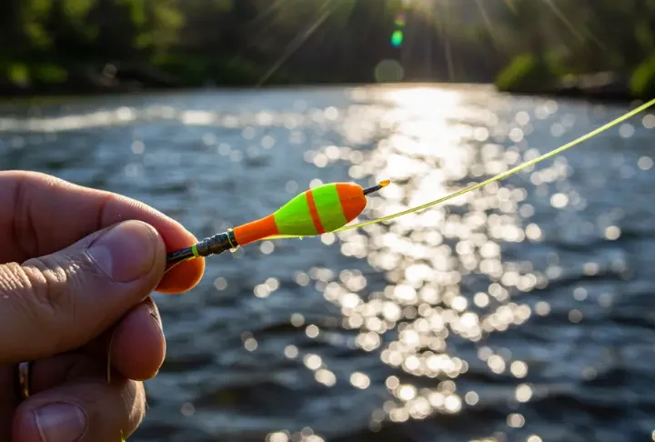 Close-up of a brightly colored strike indicator on a fly fishing line, with a river in the background, highlighting essential fly fishing gear.