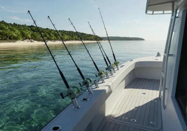 In shore fishing charters service: fishing charter boat with rods ready, cruising in calm inshore waters towards a scenic shoreline.