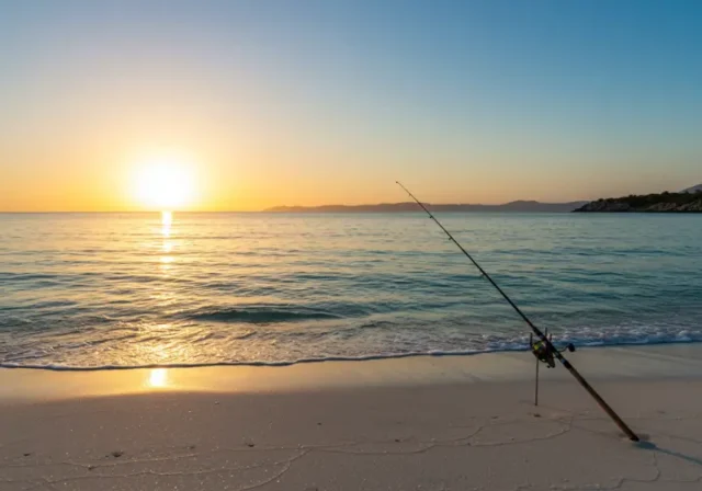 Panoramic view of a beach at sunrise with a fishing rod, representing inshore fishing hotspots in Cabo San Lucas.