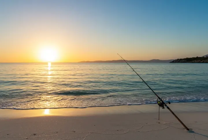 Panoramic view of a beach at sunrise with a fishing rod, representing inshore fishing hotspots in Cabo San Lucas.