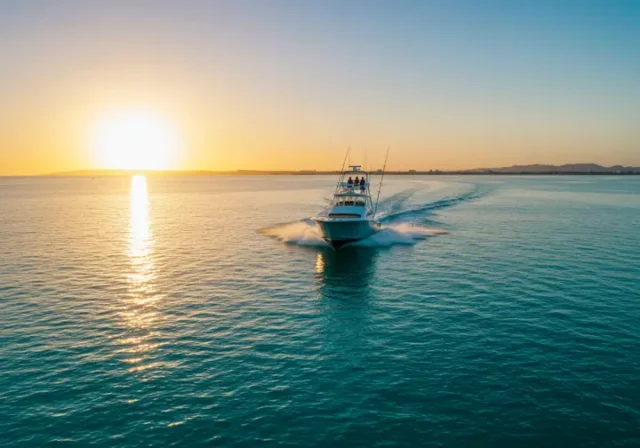 Sport fishing boat speeding across calm water at sunset in La Paz, Mexico, representing fishing charter adventures.