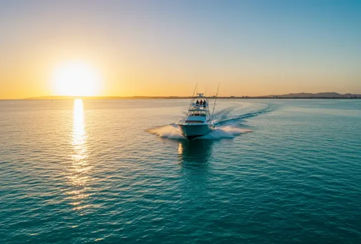 Sport fishing boat speeding across calm water at sunset in La Paz, Mexico, representing fishing charter adventures.