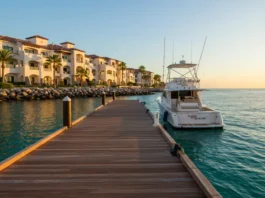 Luxury fishing resort in Cabo San Lucas with yacht and dock, ready for a 5-star fishing experience.