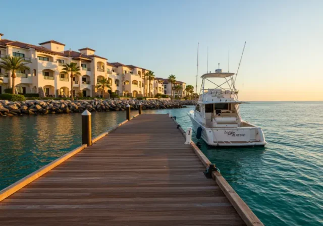 Luxury fishing resort in Cabo San Lucas with yacht and dock, ready for a 5-star fishing experience.