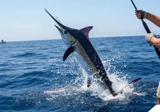 Marlin leaping out of water, caught with deep water fishing gear, showcasing rod and line strength.