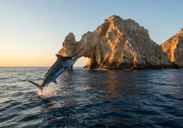 Marlin leaping near El Arco rock formation in Cabo San Lucas at sunset, highlighting 2025 fishing adventures.