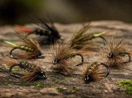 Assortment of colorful Wooly Bugger flies for trout fishing, including black, olive, and brown variations.