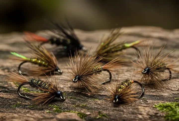 Assortment of colorful Wooly Bugger flies for trout fishing, including black, olive, and brown variations.