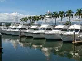 Quepos Costa Rica marina with fishing charter boats, sunny day.