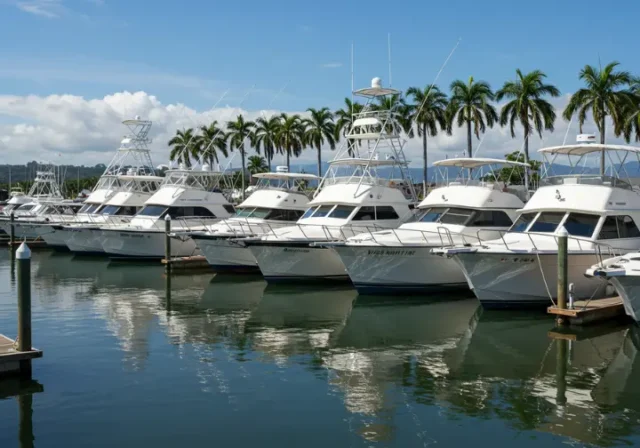 Quepos Costa Rica marina with fishing charter boats, sunny day.