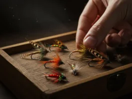 Close-up of secret, unbeatable Irish fly fishing flies revealed in a wooden box, highlighting traditional and effective patterns.