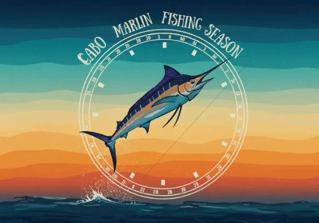 Ultimate guide to Cabo Marlin fishing season & peak times: artistic graphic representing the best time to plan your Cabo marlin fishing trip.