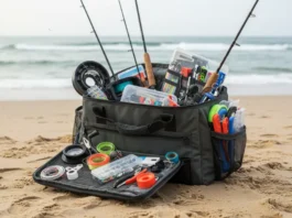 Surf fishing gear list: tackle bag overflowing with rods, reels, hooks, lines, lures, and accessories on a sandy beach.