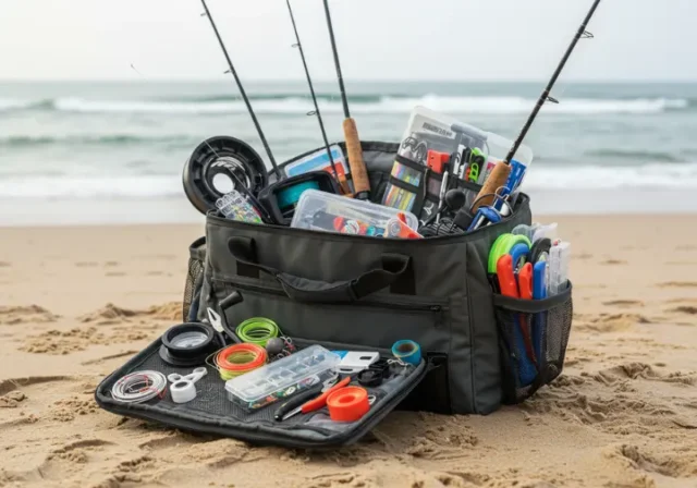 Surf fishing gear list: tackle bag overflowing with rods, reels, hooks, lines, lures, and accessories on a sandy beach.