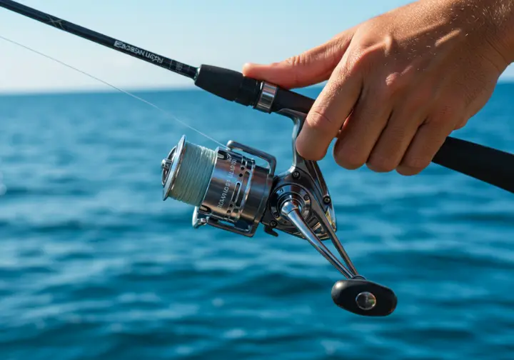 Close-up of fishing reel and line, representing expert marlin fishing secrets in Cabo San Lucas for 2025.