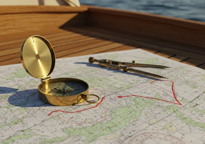 Charting perfect fishing trip: nautical chart with highlighted route, compass, and dividers, symbolizing trip planning.