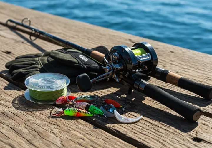 Essential deep water fishing gear, including rod, reel, lures, and line, laid out on a dock.