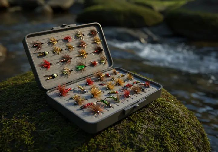 Denver hidden fly-fishing gems: open fly box with colorful flies on a river rock by a clear stream.