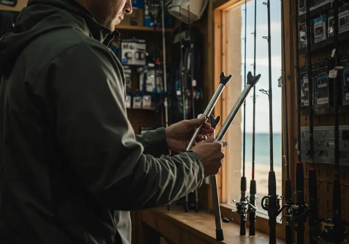 Angler selecting a surf casting rod holder at a fishing gear shop, representing the search for the perfect equipment for smarter surf fishing.