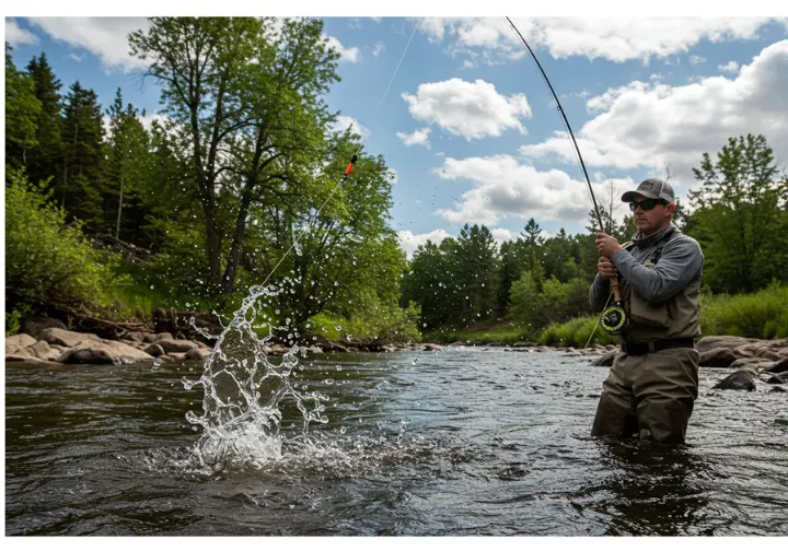 Fly fisherman casting a line with a visible strike indicator, showcasing how it enhances fly fishing in a river environment.