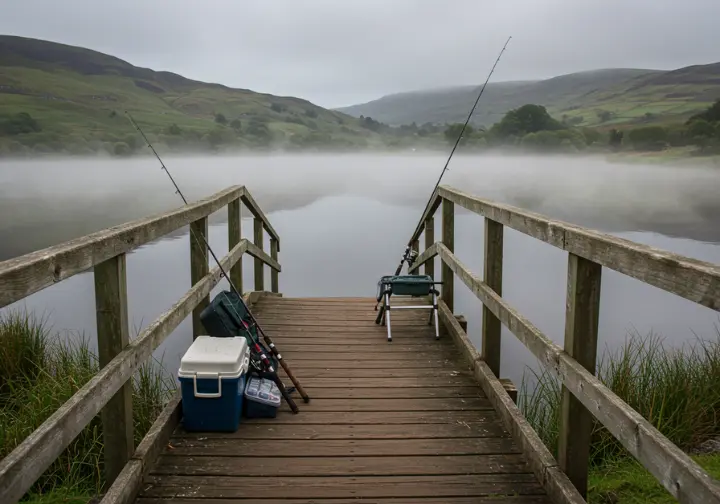 Secret fishing haven in Galway featuring a weathered wooden pier on a misty lake surrounded by lush Irish countryside